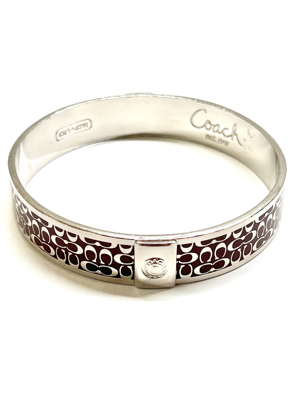 Coach Silvertone Signature Brown Bangle Bracelet EUC